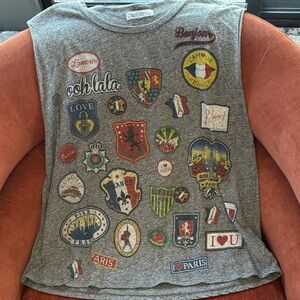 Lauren Moshi Grey Graphic Patch Tank Top with Multicolor Emblems